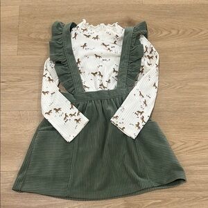 Wonder Nation Green Corduroy Pinafore with White Horse Print Top